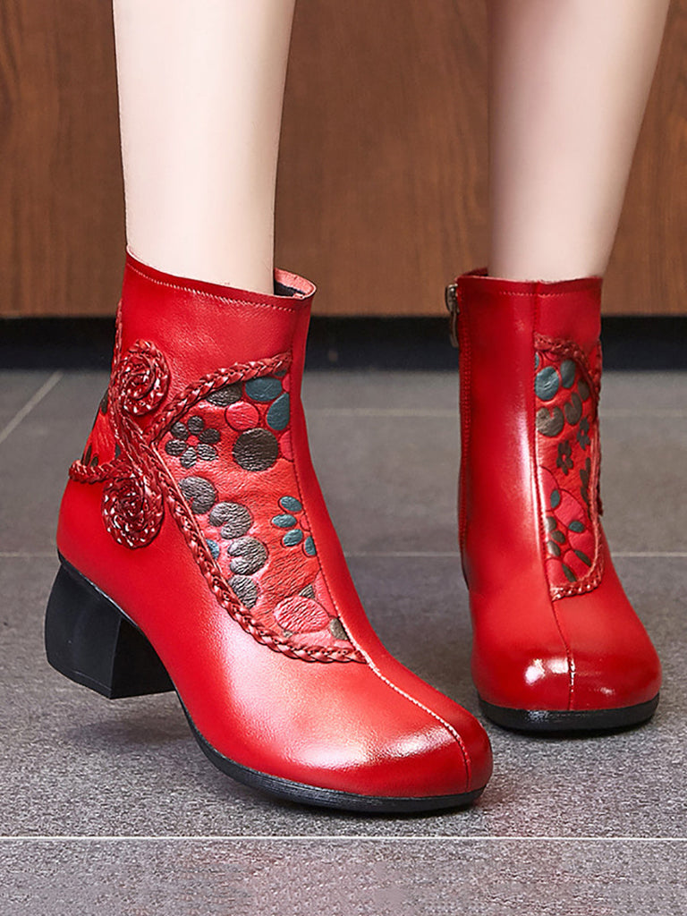 Women Ethnic Winter Flower Spliced Leather Mid-Heel Boots AI1013 MXXZ