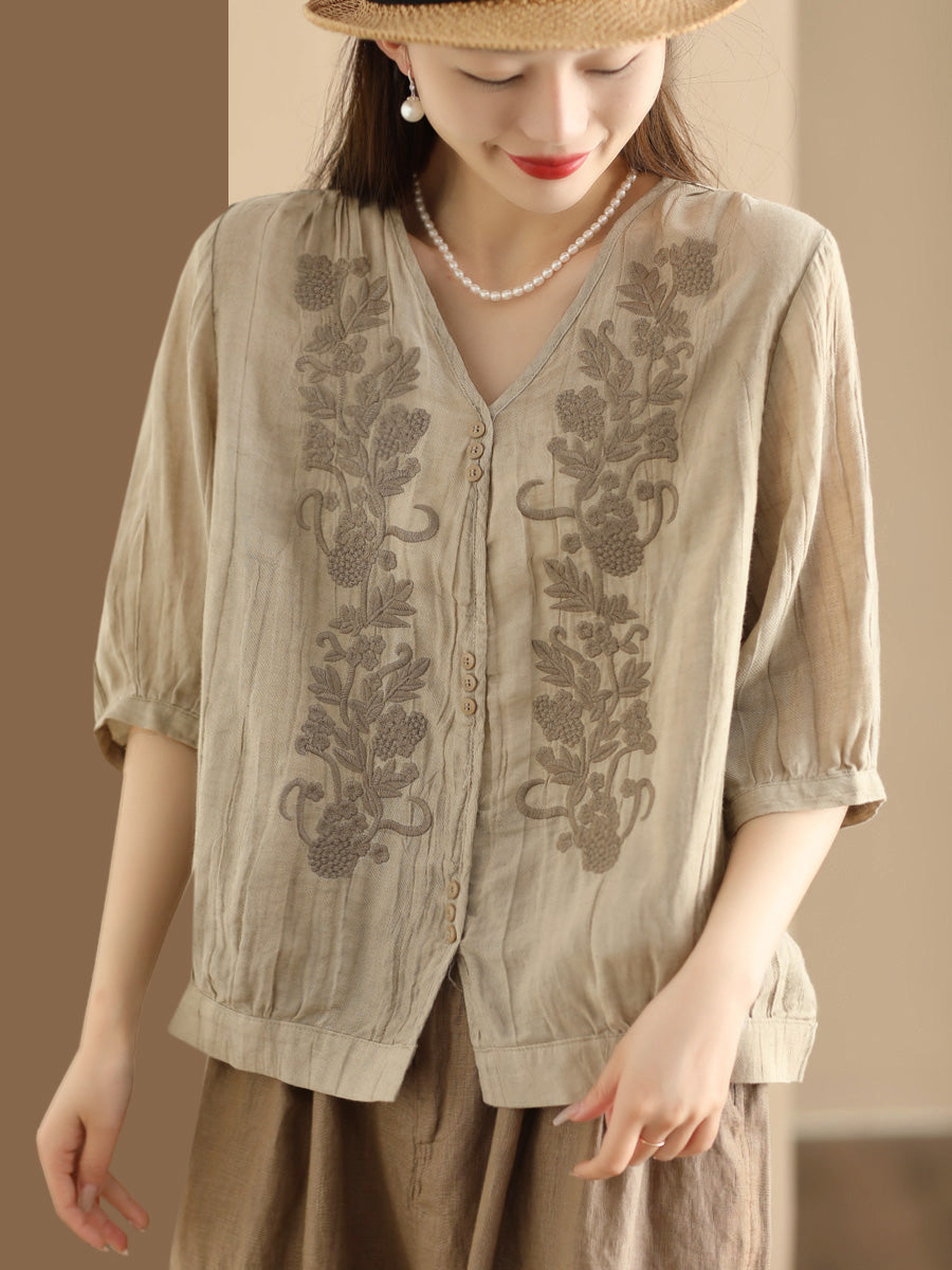 Women Vintage Summer Embroidery V-Neck Ramie Shirt PA1003 Ada Fashion