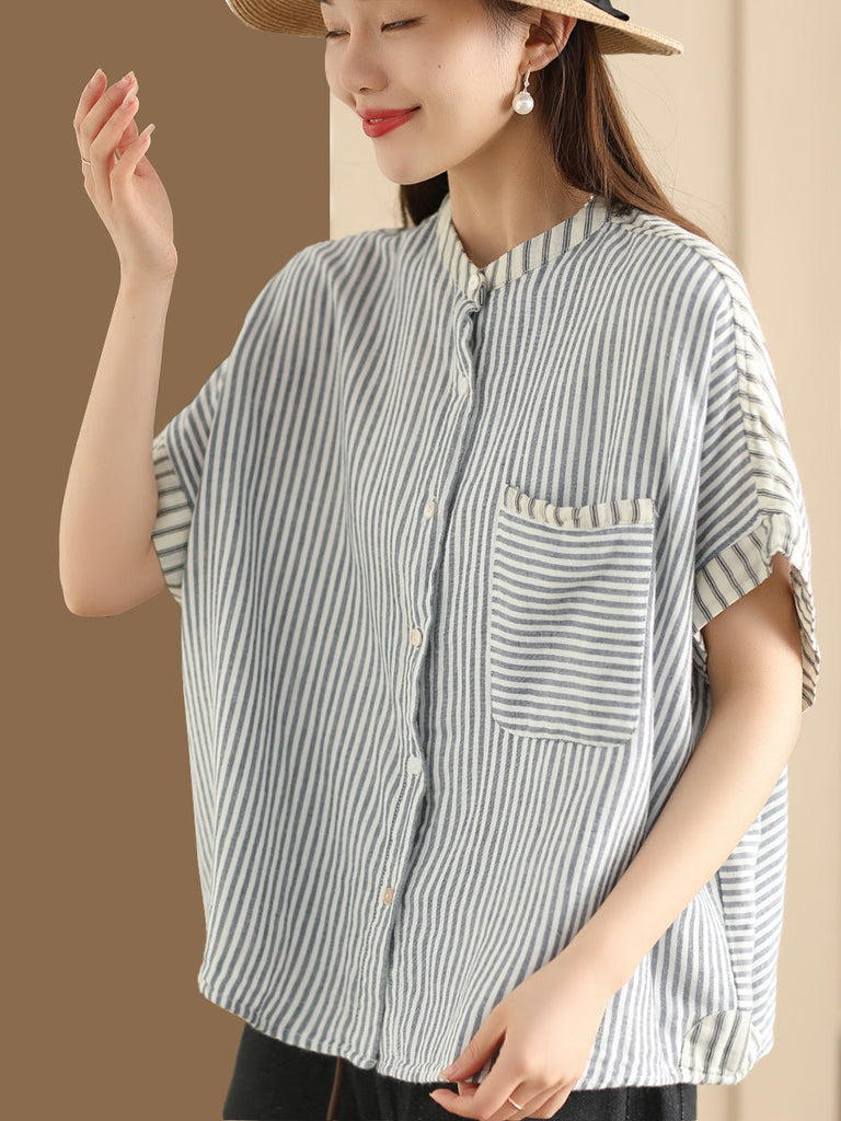 Women Summer Artsy Stripe Spliced Linen Shirt WE1039 Ada Fashion