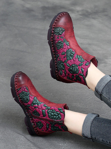 Women Retro Flower Leather Spliced Zipper Low Heel Boots AT1067 RXMY