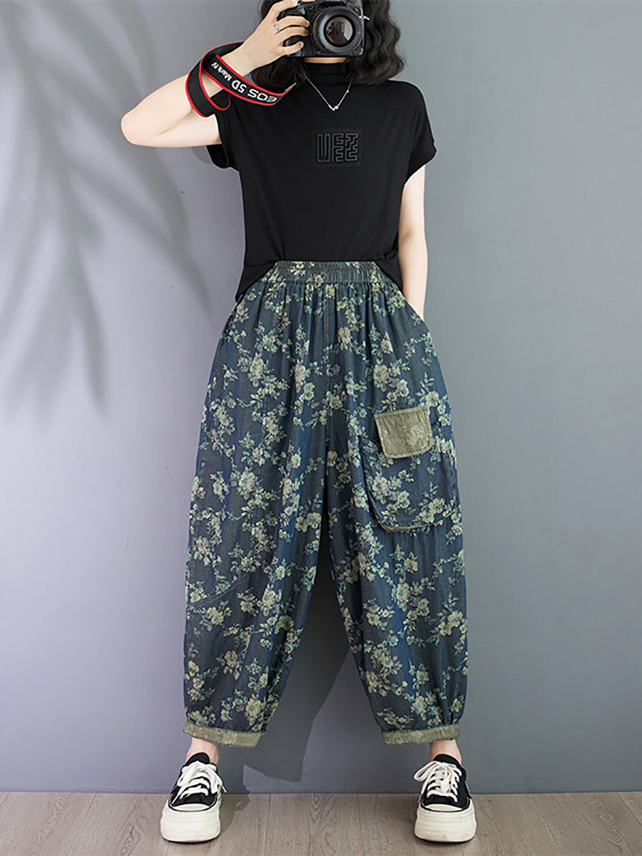 Women Summer Vintage Floral Spliced Harem Pants OO1023 BUYKUD