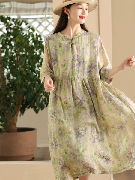 Women Summer Artsy Floral V-Neck Loose Ramie Dress LL020 ZMMM