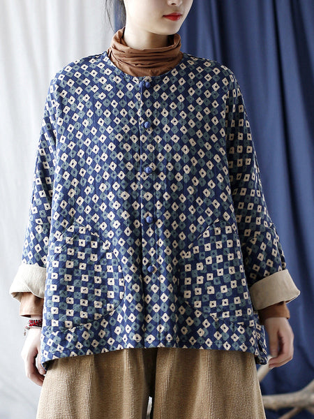 Women Artsy Retro Plaid Spliced Batwing Sleeve Coat AT1077 XIM