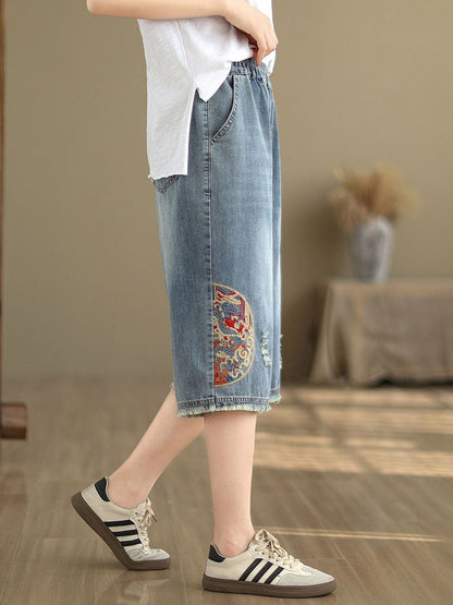 Women Summer Embroidery Knee-Length Denim Pants IO1023 Ada Fashion