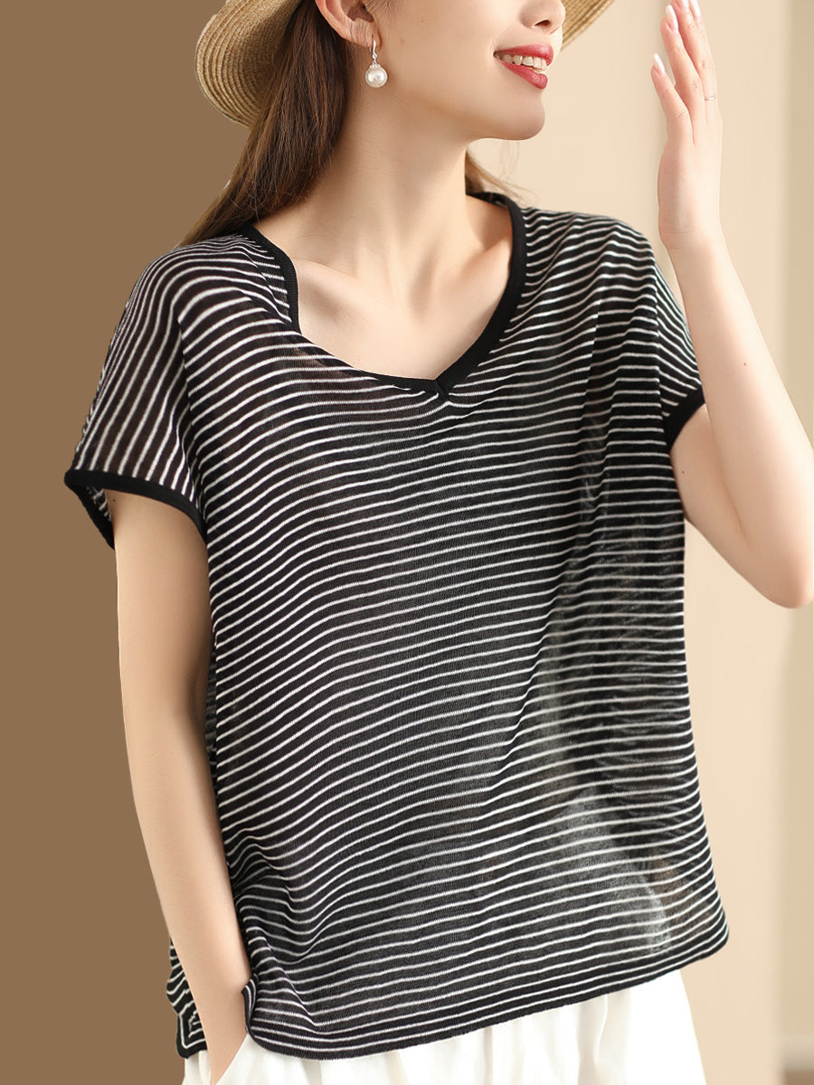 Women Summer Casual Stripe V-Neck Shirt AA1013 Ada Fashion