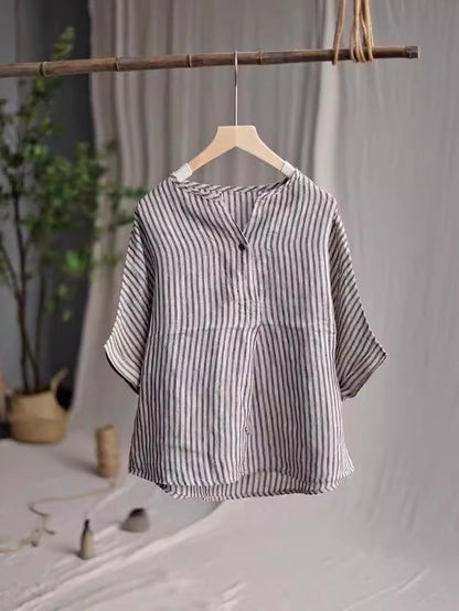 Women Casual Stripe Summer Linen V-Neck Shirt PA1001 Ada Fashion