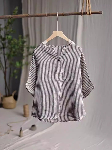 Women Casual Stripe Summer Linen V-Neck Shirt PA1001 Ada Fashion