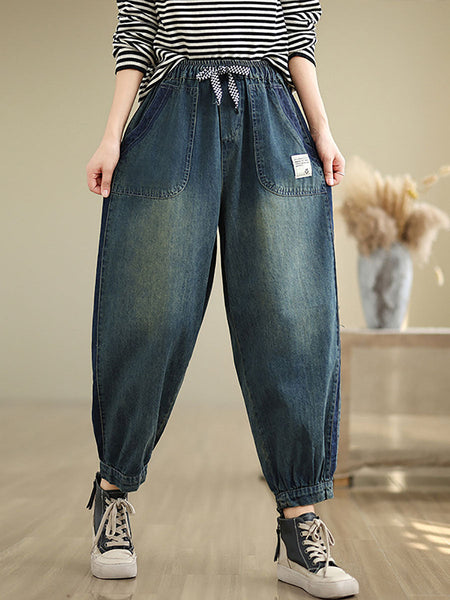 Women Casual Pockets Washed Denim Harem Pants AT1003 ZMFS