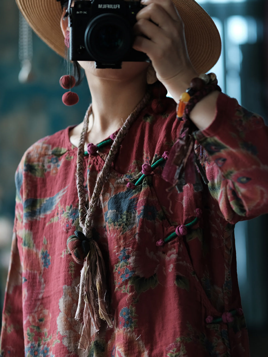 Women Ethnic Summer Flower Cotton Loose Shirt CO1014 Ada Fashion