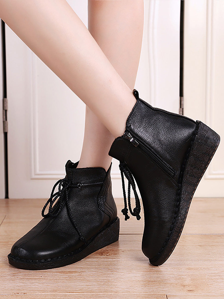 Women Vintage Genuine Leather Strap Zipper Low Heel Boots AX1016 Genistyle Shop