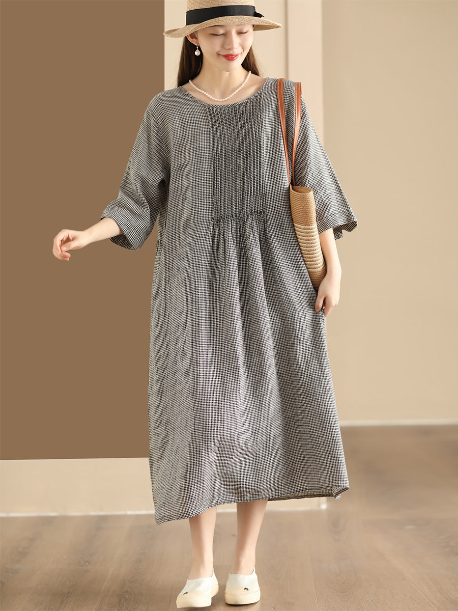 Women Summer Vintage Lattice Shirred O-Neck Ramie Dress OP1051 BUYKUD