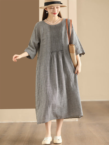 Women Summer Vintage Lattice Shirred O-Neck Ramie Dress OP1051 BUYKUD