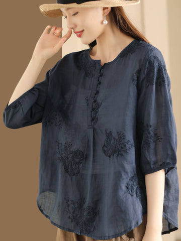Women Summer Artsy Embroidery Ramie Shirt TY1020 Ada Fashion