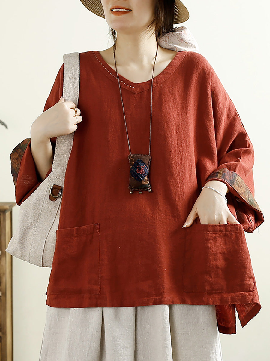 Plus Size Women Vintage Solid V-Neck 100%Linen Blouse AK1006 Genistyle Shop