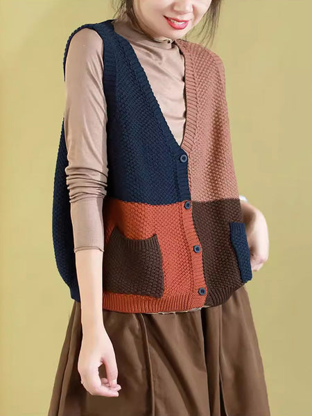 Women Autumn Colorblock Knitted V-Neck Vest CV1029 Ada Fashion