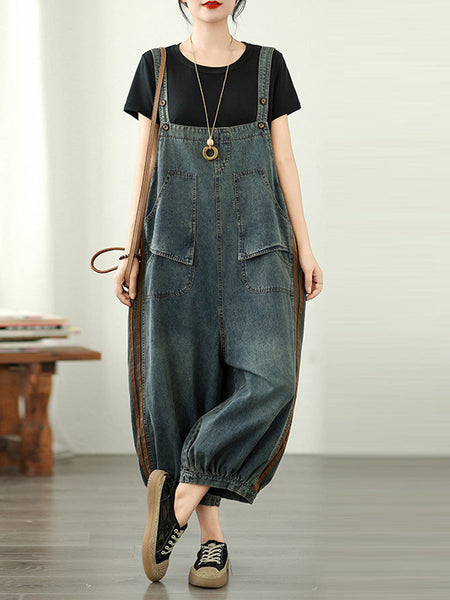 Jumpsuits Summer Worn Stripe Denim Women Loose FashionChic