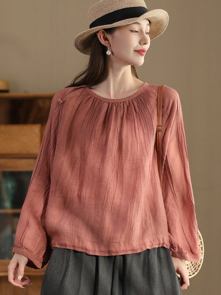Women Summer Artsy Strap Hem O-Neck Ramie Blouse AS1026 BUYKUD