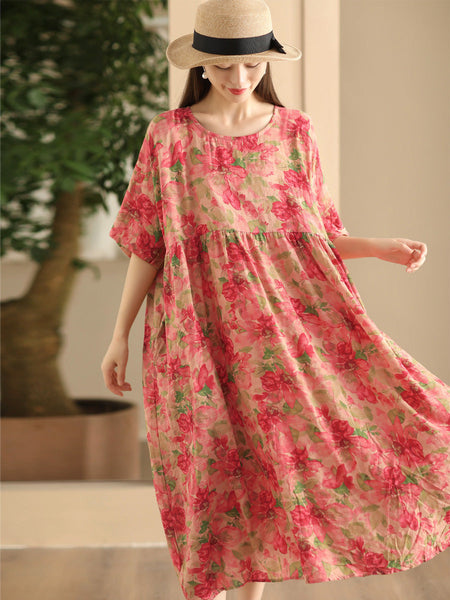 Women Summer Vintage Flower Linen Loose Dress FD043 QJH