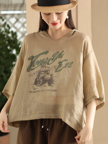 Women Summer Casual Print Thin Ramie HoodedShirt LL038 BUYKUD