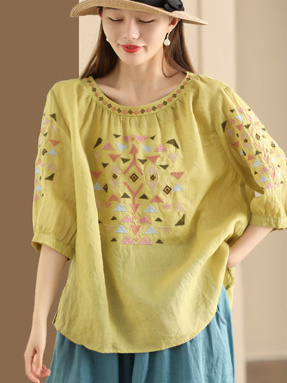 Women Summer Vintage Embroidery O-Neck Ramie Shirt OP1042 BUYKUD