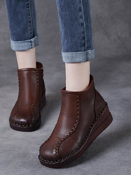 Women Retro Soft Leather Spliced Fleece-lined Mid-Heel Boots AH1081 YYDS