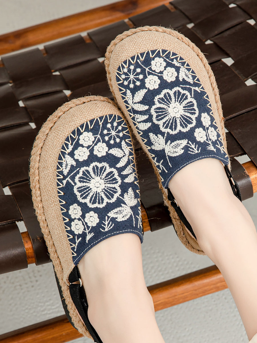 Women Sandals Linen Embroidery Ethnic Flower FashionChic