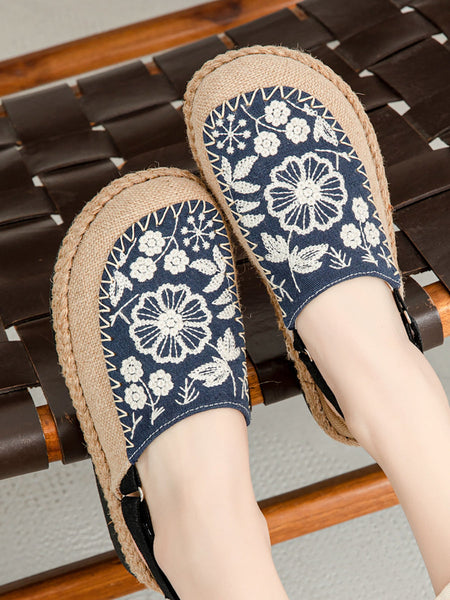 Women Sandals Linen Embroidery Ethnic Flower FashionChic