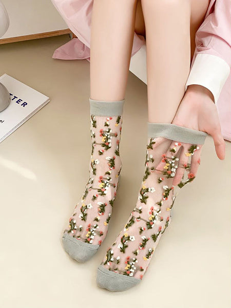 5 Pairs Women Summer Flower Jacquard Thin Socks FG1017 Ada Fashion