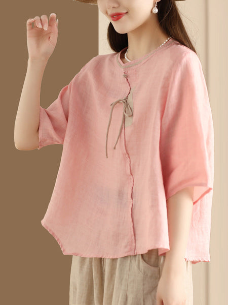 Women Ethnic Summer Spliced Ramie Shirt SC1022 Ada Fashion