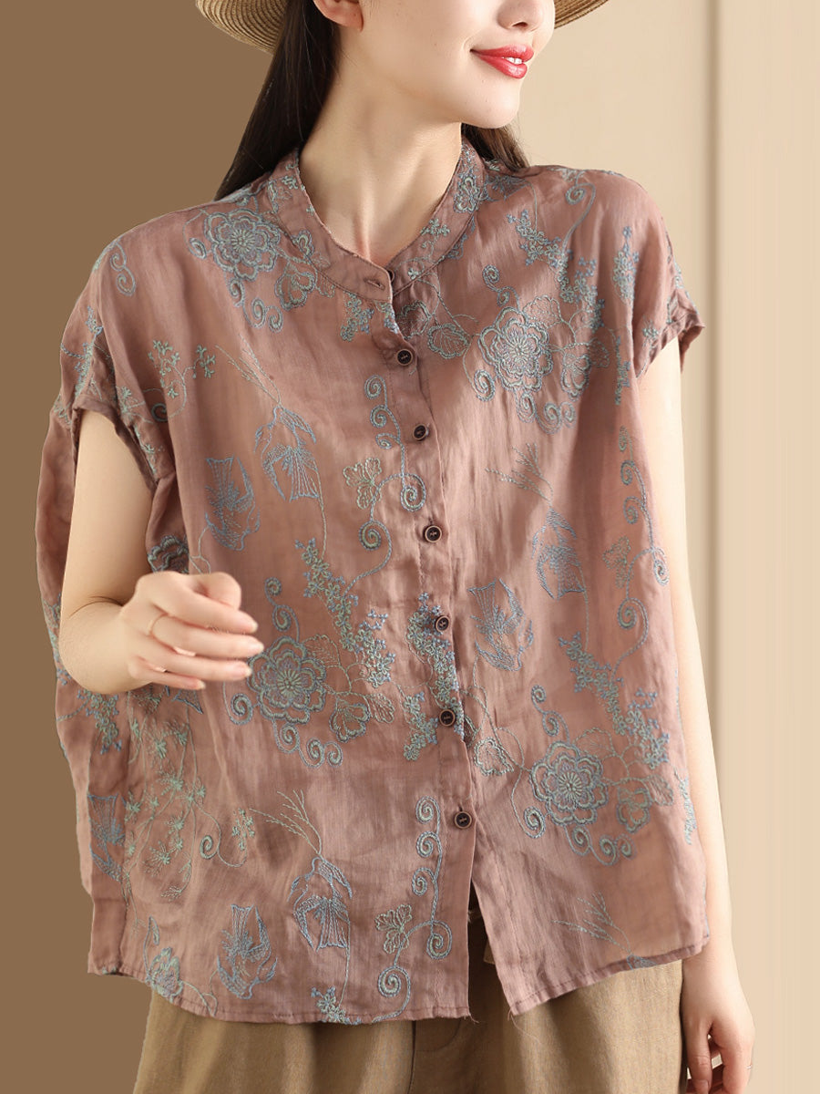 Women Summer Vintage Flower Embroidery Button Ramie Shirt OO1048 ZMMM