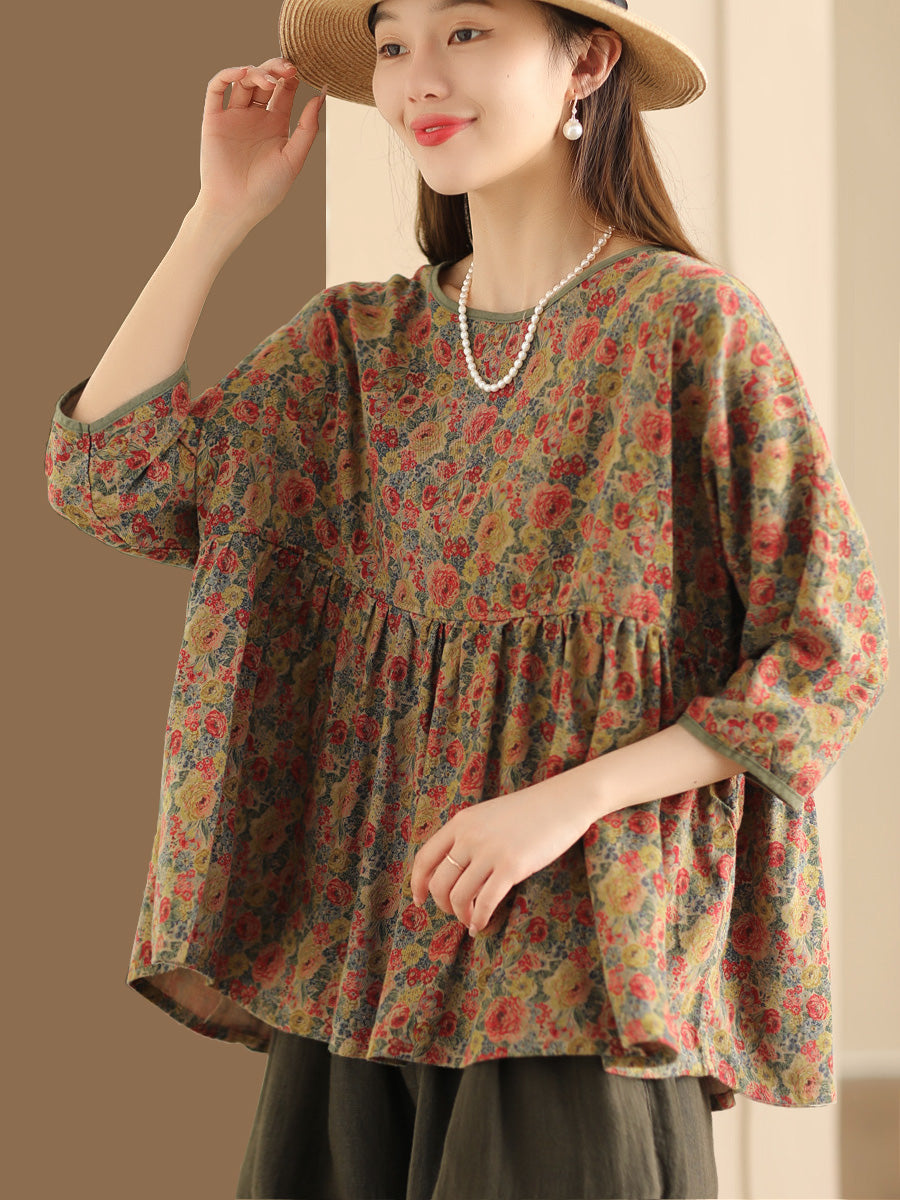 Women Summer Vintage Flower Spliced Loose Shirt XX1047 Ada Fashion