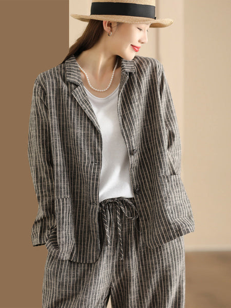 Plus Size Women Vintage Stripe Spring Linen Shirt+Pants II1057 BK