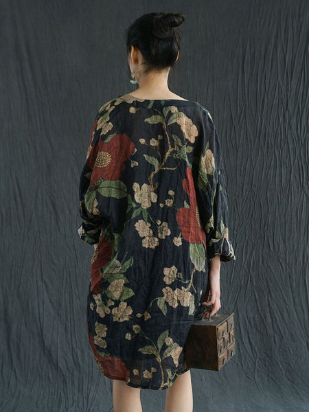 PLus Size Women Vintage Flower Print Ramie Spring Long Shirt AS1032 Ada Fashion