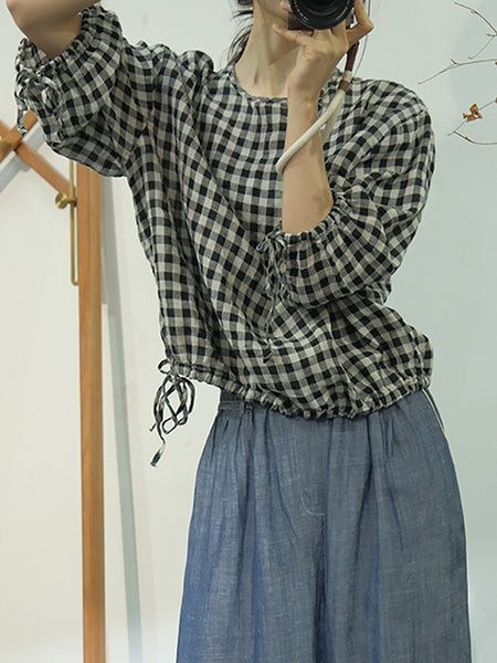 Women Summer Casual Plaid Linen Strap Shirt AS1064 Ada Fashion