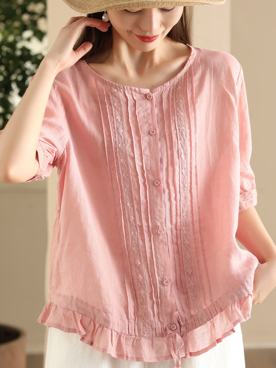 Women Summer Vintage Embroidery Button-up Strap Ramie Shirt FD018 ZMMM