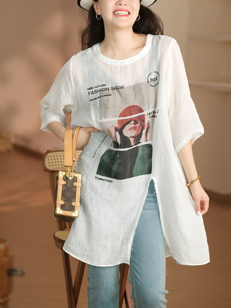 Women Summer Casual Split Hem Print O-Neck Ramie Shirt LL042 BUYKUD