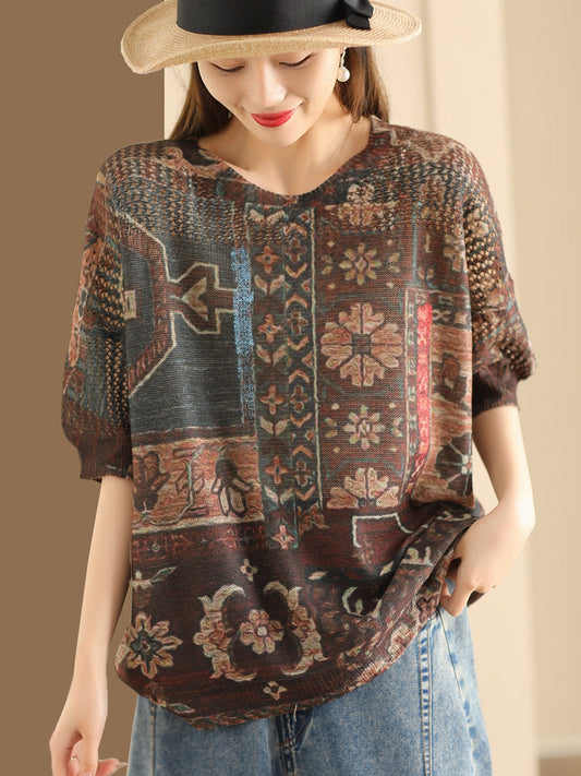 Women Summer Retro Knitted O-Neck Pullover Shirt SC1017 Ada Fashion