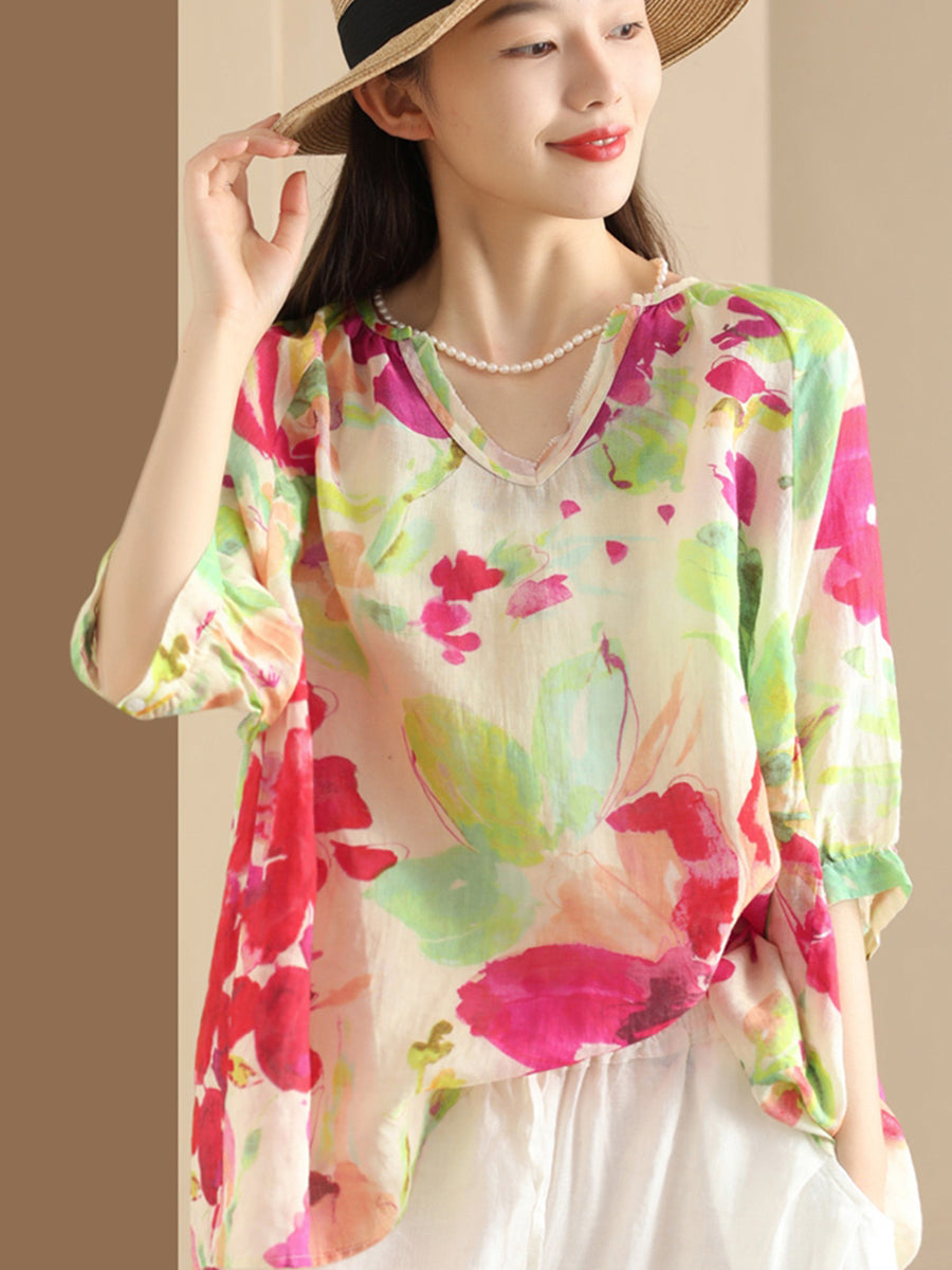 Women Summer Flower V-Neck Ramie Loose Shirt OO1035 ZMMM