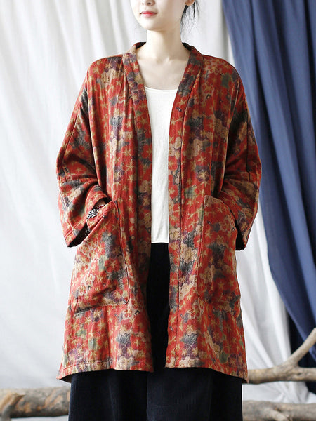 Women Ethnic Floral V-neck Pocket Cardigan Coat RR019 XIM