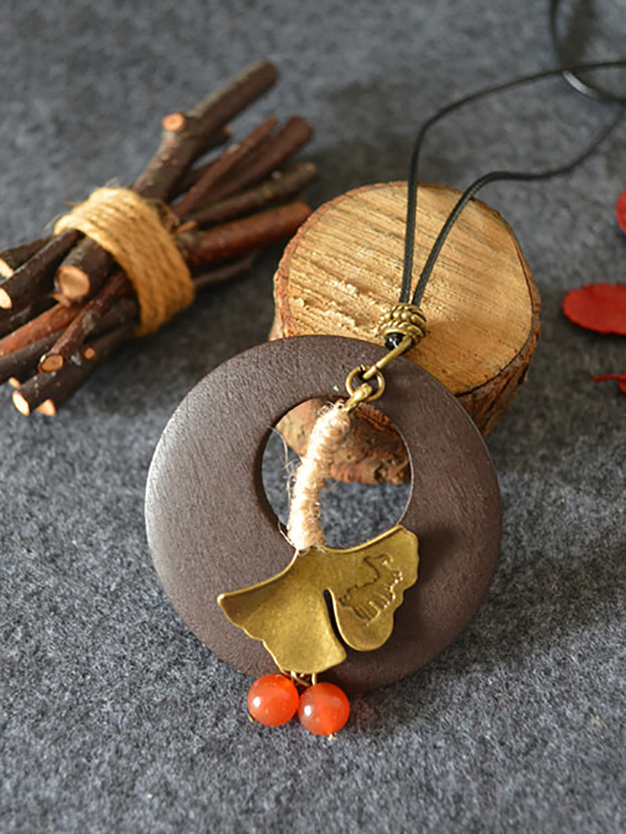 Women Alloy Leaf Round Wooden Sweater Necklace KL1042 Ada Fashion