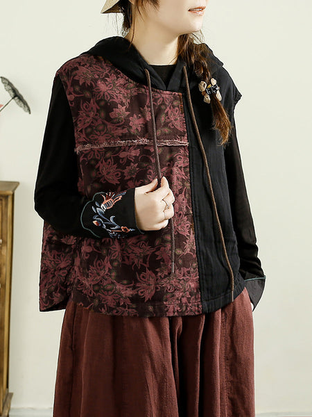Women Autumn Vintage Flower Spliced Hooded Cotton Vest AI1037 BUYKUD