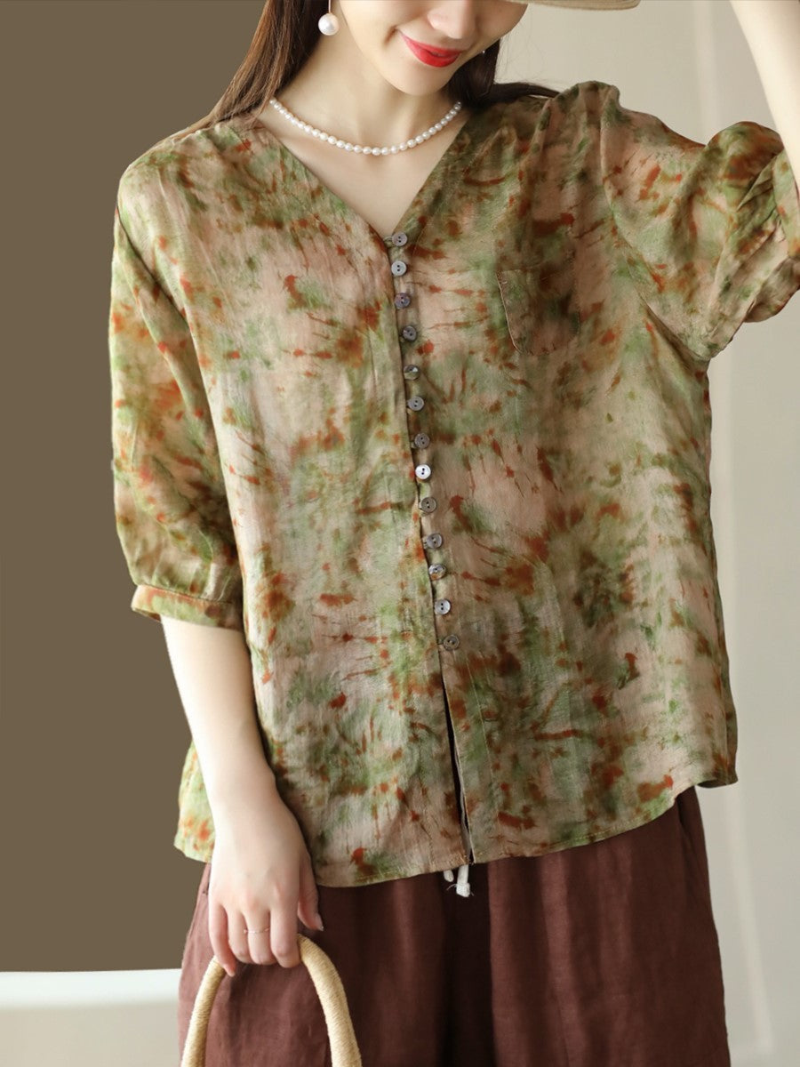 Women Vintage Floral Summer Button-Up Ramie Shirt XX1042 Ada Fashion