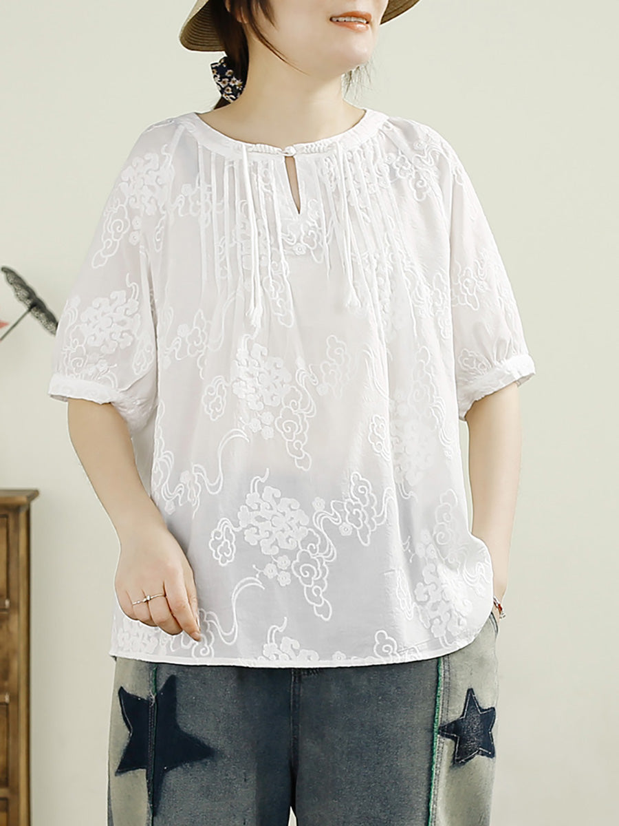 Women Summer Vintage Shirred Embroidery Cotton Shirt HH044 QJH