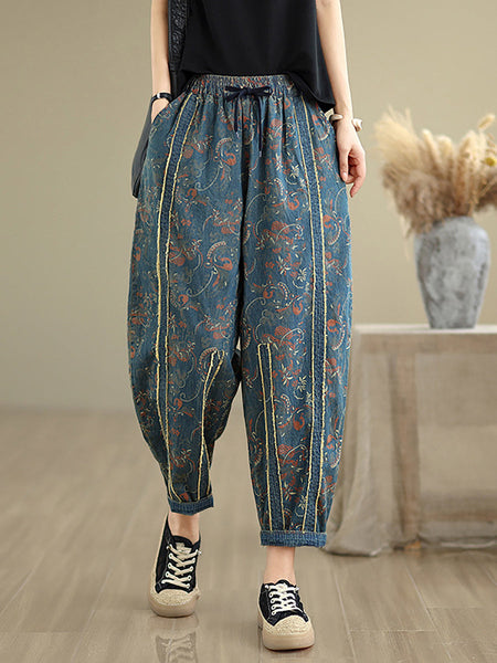 Denim Patchwork Pants Harem Women Retro Flower FashionChic