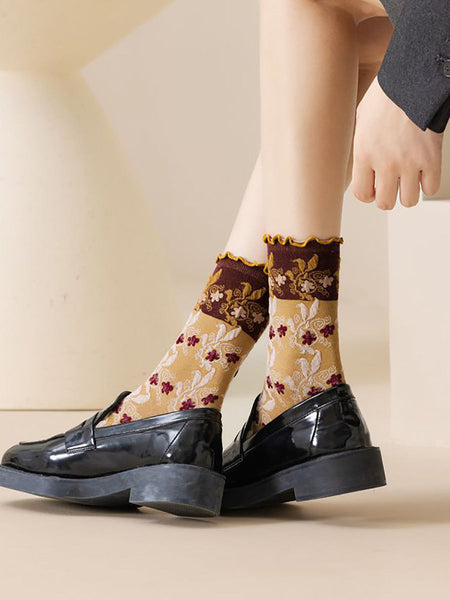 3 Pairs Women Autumn Flower Jacquard Colorblock Socks AH1023 BUYKUD