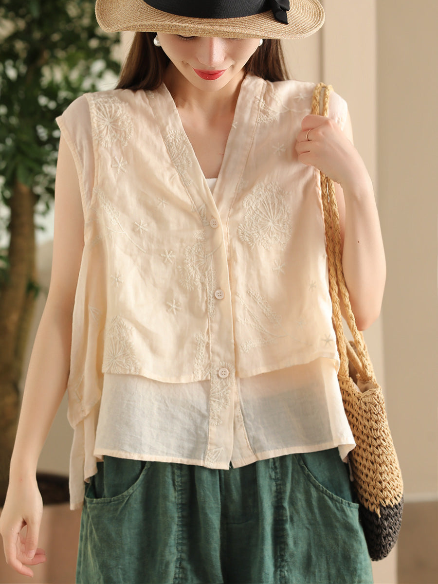 Women Summer Ethnic Embroidery Button-up Spliced Ramie Vest FD001 ZMMM