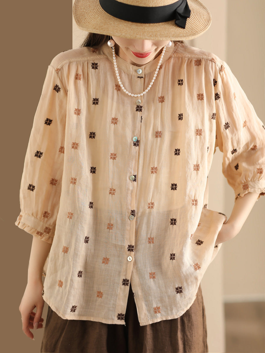 Women Spring Floral Embroidery Linen Button-Up Shirt CO1010 Ada Fashion