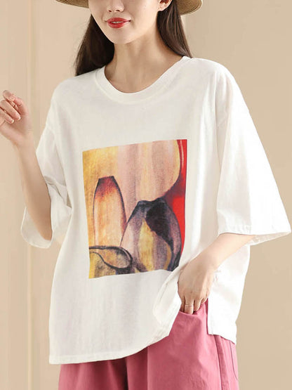 Women Summer Casual Print O-Neck Loose Shirt HH042 LPP