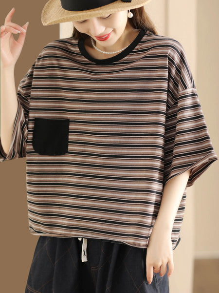 Women Casual Summer Stripe Spliced Loose Shirt CO1047 Ada Fashion