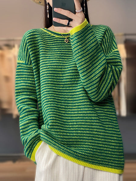 Women Autumn Casual Stripe O-Neck Wool Knit Sweater AT1012 BUYKUD